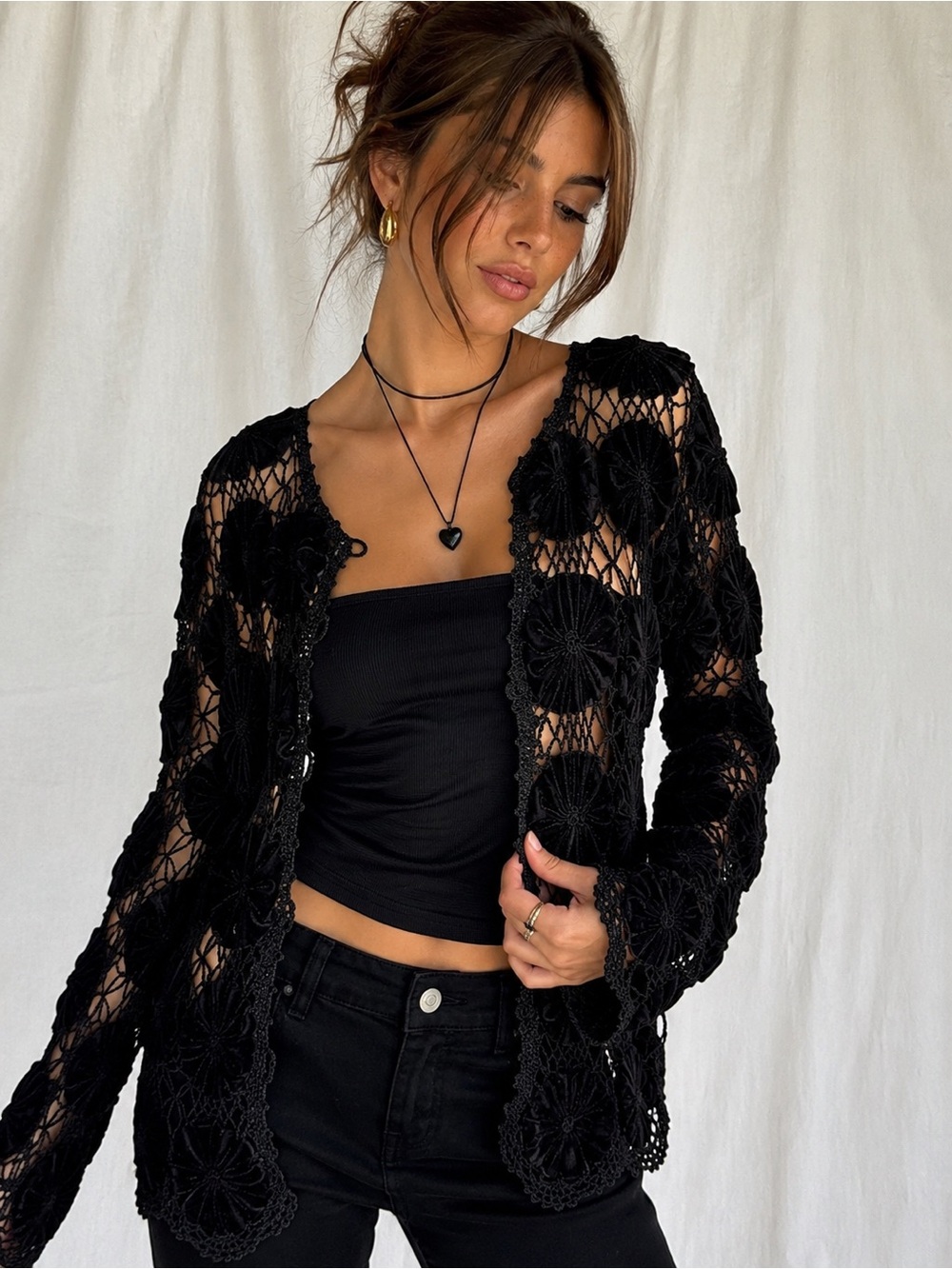 Vintage Identity Club Black Rosette Crochet Cardigan Sweater Size Medium